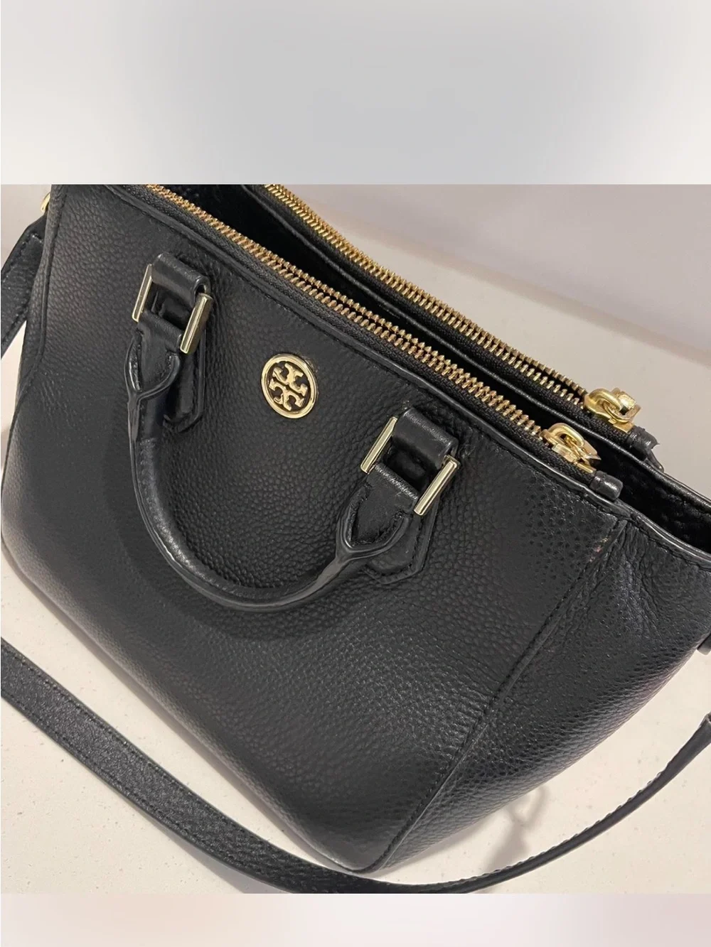 Tory Burch Black Pebbled Leather Double-Zip Crossbody Bag